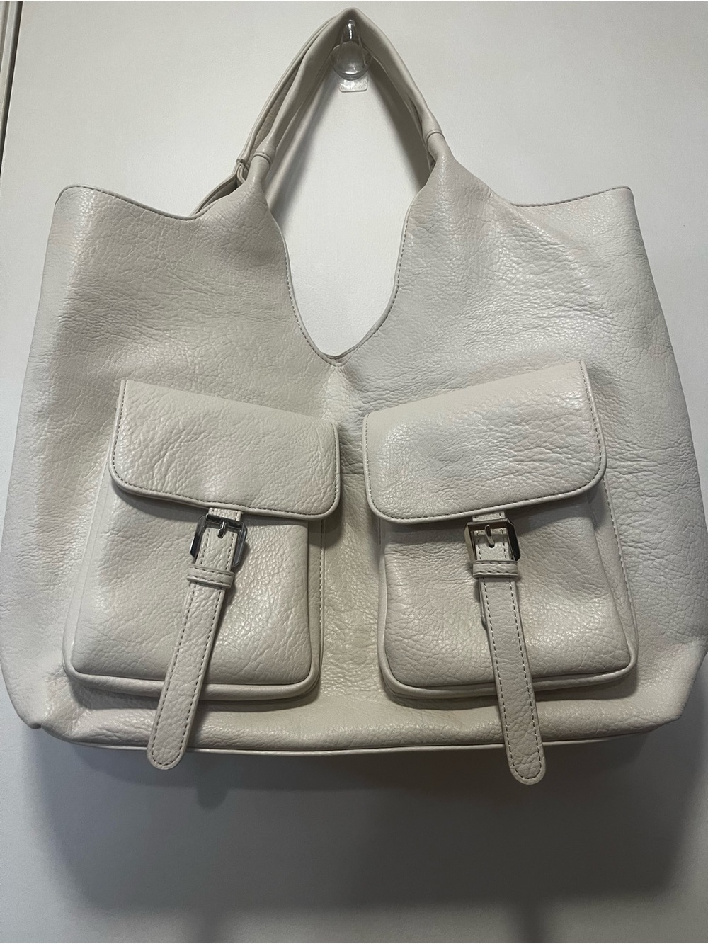 Urban Originals Cream Vegan Leather Tote Bag Large Slouchy Pocket Purse - Picture 6 of 13